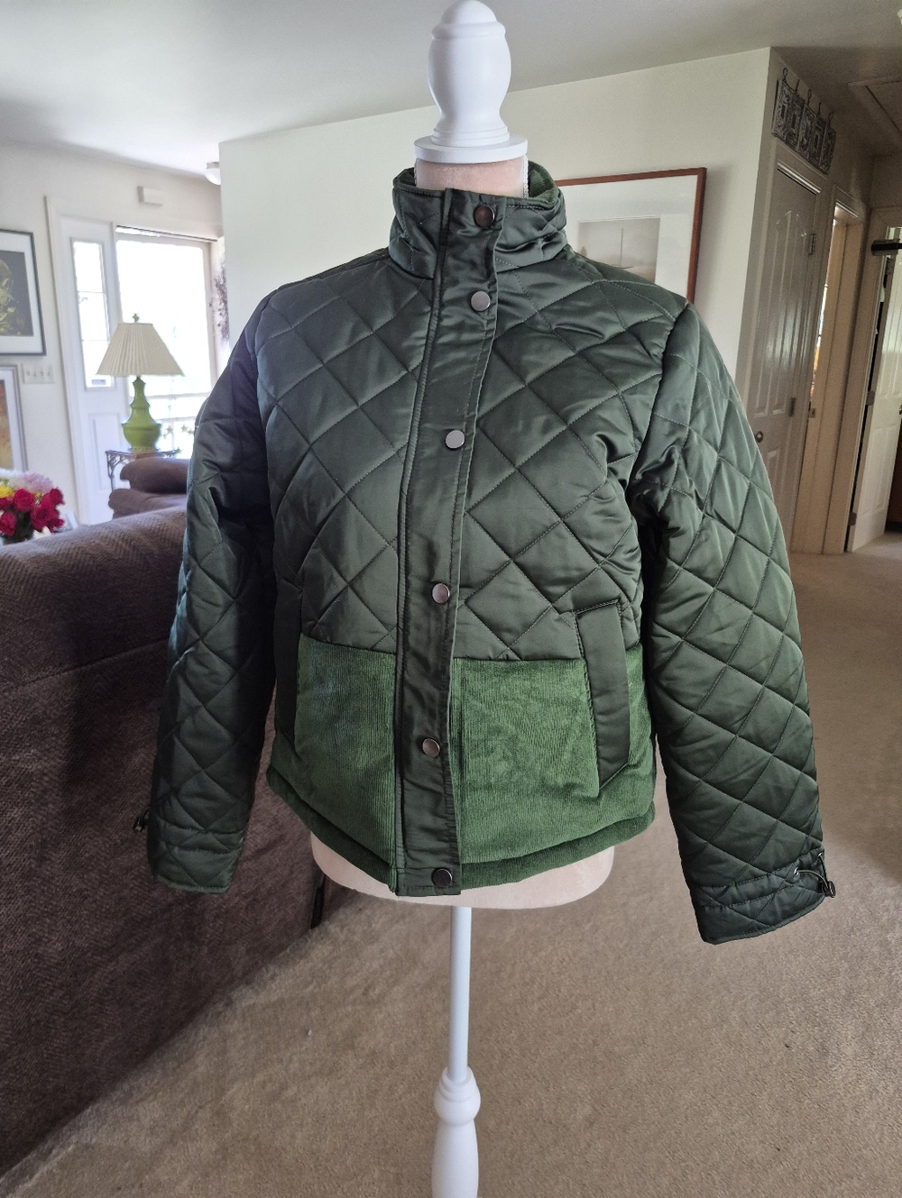 NWOT Time And Tru Quilted Green Women's Jacket with Corduroy Accents Size Small